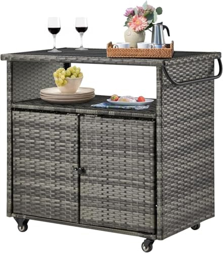 UNIONLINE Gartenschrank Rattan, Aufbewahrungsschrank Grillwagen mit Rädern für den Außenbereich, Rattan-Bartisch für die Terrasse, Servierwagen Beistellschrank für Buffets im Garten, Partys