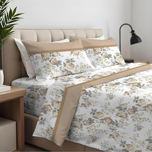 CLARA HOME Lenzuola Completo Letto Matrimoniale Colore Peonia Tortora, Lenzuola Elasticizzate per Tutte le Stagioni, Completo di Federe per Guanciali