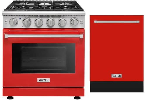 KOSTCH 30 inch Natural Gas Range with LPG Convertible Kit, 5 Burners, 4.55 Cu.Ft. Convection Oven & 24 inch Built-In Dishwasher Set, 8 Wash Programs,15 Place Settings, 45-dBA, in Stainless Steel (Red)