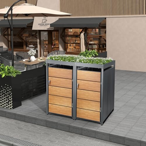 2er Mülltonnenbox für 240L Tonnen Müllcontainer für 2 Mülltonnenverkleidung mit Pflanzdach abschließbar Müllbox Tonnenhaus Abfallbox Abfallbehälter Gerätebox für Garten Einfahrt Holzoptik Tür
