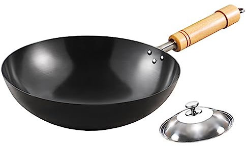 MYUYEE Padella Wok in Acciaio Inossidabile con Manico Che Rimane Freddo Wok e padelle per Saltare in Padella con Coperchio e pentole Wok in Acciaio al Carbonio con,30 Centimetri