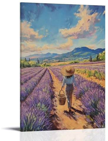 YMHDJYH Lavendelfelder, die sich bis zum Horizont in Südfrankreich erstrecken, eine einsame Figur mit Strohhut und Korb, Wandkunst, Wandkunst, Wandbild, moderne Dekoration, hängende Kunstposter, 30 x