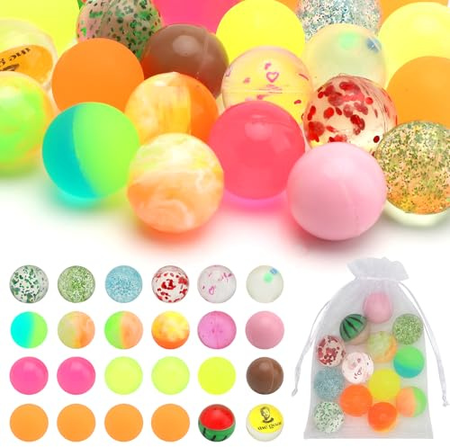APOMOONS Bouncy Balls Party Bag Fillers - 24PCS Assorted Rubber Bouncy Balls with 10 Organza Gift Bags - Colourful Transparent Bouncys Ball for Kids Party Favours, Classroom Rewards, Pinata Fillers