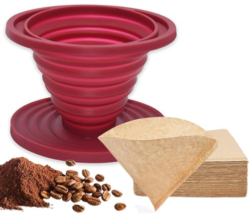 Faltbarer Kaffeefilter,Smavles Silikon Kaffee Tropfer mit 40 Kegel Papierfiltern,Camping Reise Silikon Kaffee Tropfer,Wiederverwendbarer Kaffeefilter für Zuhause,Camping,Büro,Café,Reisen(Rot)