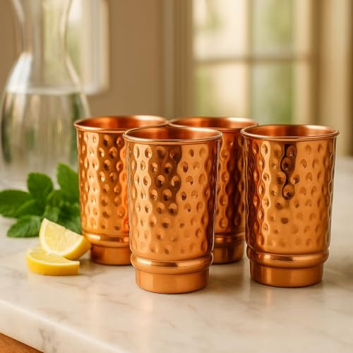 2activelife Set of 4 Copper Tumbler | 350 ml / 11.8 Oz 100% Pure Copper Hammered Glasses | Ayurvedic Health Benefits Medicine Cups | Drinking Water Tumblers 4 Pieces | Premium Quality Cup