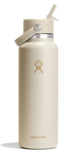 Hydro Flask Water Bottle - Insulated Stainless Steel - Wide Mouth Flex Straw Lid, Non Spill, Leakproof and Refillable in 40 Oz Coconut Cream