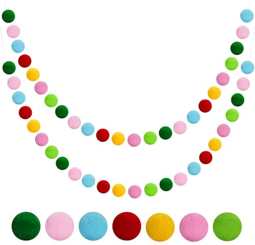 G2PLUS Aufgefädelt Weihnachten Filzkugeln Girlanden: 2 Stück Handgemachte Pompom Girlande in Bunt für Weihnachten, Fest und Party Dekoration, 60 Bälle