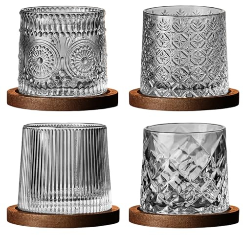Mafagwre 4 Stück Drehbare Wassergläser, 280ml Whiskey Gläsermit Untersetzer, Wiskeygläser- Set Trinkgläser, Transparent Wackelgläser, Cocktailbecher, Kaffeetasse, Relax And Decompress Für Männer