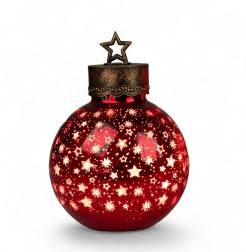 formano LED Deko-Kugel 30 cm Sterne Rot Glaskugel Timer 6h/18h beleuchtet - Batteriebetrieben - Herbst Winter Weihnachtsdeko für Tisch Regal Fensterbank