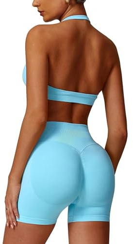 Barley Direct Workout Sets for Women Seamless Halter Sports Bra Scrunch Butt Impact Shorts Gym Yoga Outfits