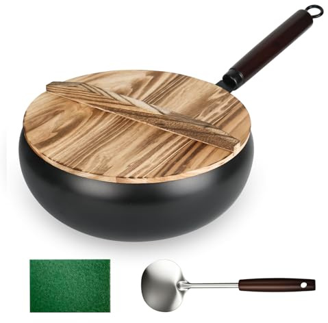 YHNDECO 26cm Uncoated Iron Pan, Japanese Iron Pan, Hand-Forged Wok with Lid Non Stick, Hand Forged Non Stick Irons Pots, Forged Big Belly Pot for Gas Stoves Induction Hobs