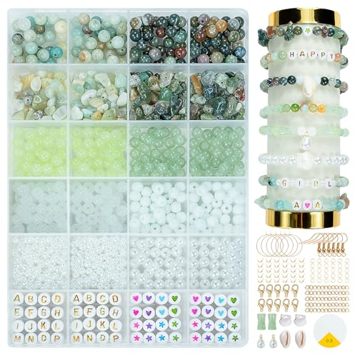 Naturstein Perlen Armbänder Selber Machen Set, 6mm Edelstein Perlen zum Auffädeln Kit, Grüne DIY Perlenset Armband Schmuck Basteln, Perlen Armband Set Beads für Schmuckherstellung Ohrringe Ketten