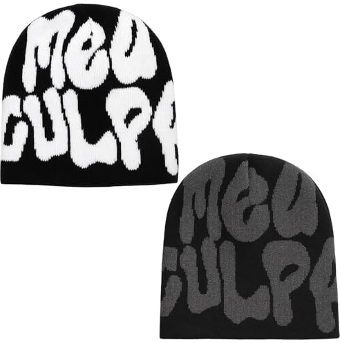 BDBFPAN 2 Stück Y2K Beanie, Modische Mütze, MEA Culpa Warme Mütze Für Outdoor-Aktivitäten Und Streetwear, Streetwear Accessoire, Schwarz Und Grau