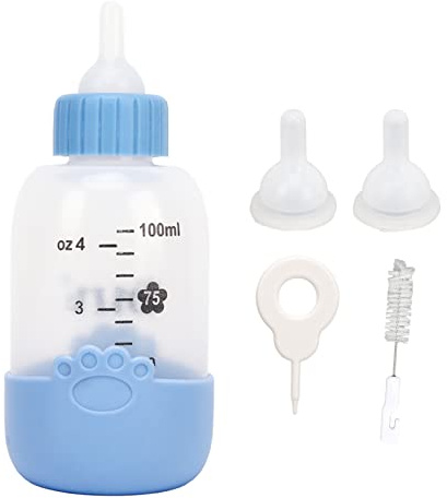 Pet Nursing Bottle Universal Pattern Silicone Pet Milk Feeding Bottle Kit with Brush Needle and 3 Nipples for Puppy Cat Kitten Hamster Rabbit 100ml (Blue)