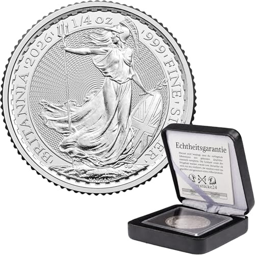 Silbermünze Britannia | Aktueller Jahrgang | Feinsilber 999 | In Münzkapsel & schwarzem Etui | Inkl. Grußkarte und Echtheitsgarantie (1/4 oz)