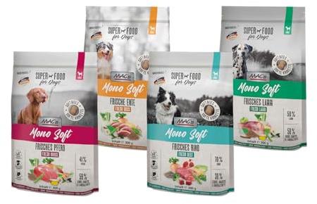 arelf Bundle Mac's Dog Mono Soft Trockenfutter Mixpaket | 4 Sorten | Rind, Ente, Pferd & Lamm | halbfeuchtes Hundefutter Monoprotein getreidefrei | Softkrokette für Sensible Hunde | 4 x 300g