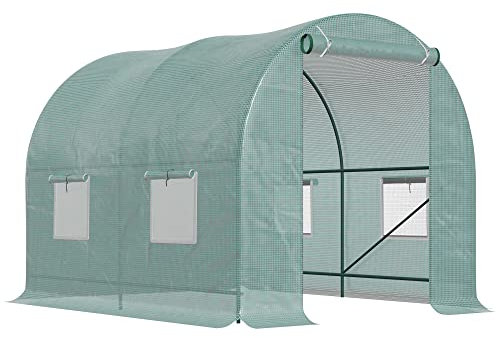 Outsunny Polytunnel Greenhouse Walk-in Green House with Roll Up Door and Mesh Windows, Steel Frame, 2 x 2.5m, Green