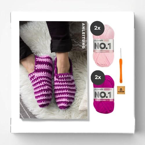 myboshi Häkelset Hausschuhe Suzuka, inkl. No.1 Wolle, Nadel und Anleitung, Schuh-Häkelpaket, 30% Merinowolle Rosa, mit Häkelnadel