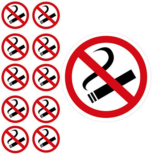 11 x Aufkleber Rauchen Verboten (10cm - abgelöst 9,5 cm - Rund) - UV-Resistent - Vorgestanzt - Für Außen und Innen - Alternative zum Nicht Rauchen Schild - Rauchen verboten Aufkleber 10 cm