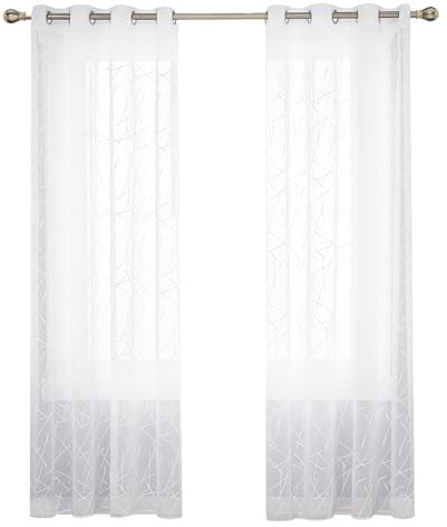 Deconovo Voile Vorhang Leinenoptik Ösenvorhang Transparent Dekoschal mit Stickerei Linie, 245x140 cm(HöhexBreite), Weiß, 2er Set