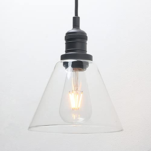 Phansthy Industrial Vintage Pendant Light Funnel Clear Glass Lamp Shade Hanging Light Decorative Lighting Retro Ceiling Light for Living Room Hallway Kitchen Dining Room E27 (Black)