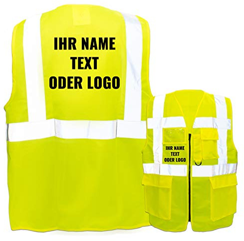 PixiPrints.com Warnweste mit Reißverschluss und Taschen * Druck auf Rücken + Front/Standard-Druck * Farbe & Größe: Gelb/Größe XL * Aufdruck selbst gestalten * Bedruckt mit Design Foto Text Logo