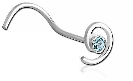 Inoki - Stud de nez argent Spirale et Strass - Jonc/Tige 0.6 mm, Longueur 6.5 mm, Élément 4 mm - Aiguemarine
