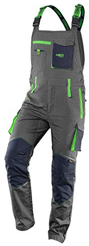 NEO TOOLS Herren Premium Arbeits-Latzhose, 100% Baumwolle 210 g/m2, Ripstop, Gr. XS-3XL, Kniebereich mit Cordura verstärkt, elastischer Gummibund und Hosenträger, reflektierende Elemente