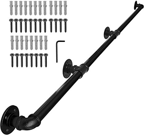 FSHIHINE Metal Stair Handrail, 345cm Handrails for Stairs, Indoor/Outdoor Wall Mount Banister Hand Railing Support Kit, Pipe Handrail Staircase Steps Industrial Galvanized Iron - Black