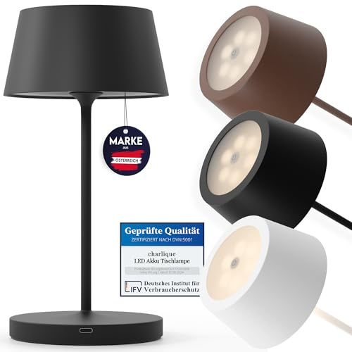 charlique® LED Akku Tischlampe - kabellos, schwarz 24 cm, dimmbar, Aluminium