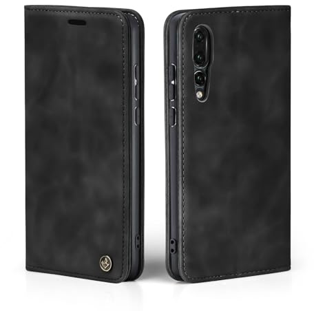 LBH Handyhülle für Huawei P20 Pro in Schwarz mit Karten- und Geldfach Smartphone Hülle mit Standfunktion Flip Case Schutzhülle Magnetverschluss Vintage
