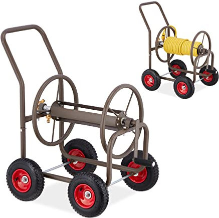 Relaxdays Carrello Avvolgitubo da Giardino, 4 Ruote, Attacco da 3 ”, per Tubi Lunghi Fino a 60 m, in Metallo, Marrone, Gomma