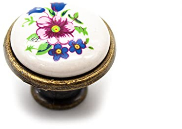 DOJA Barcelona | Pomelli Vintage Fiore di Primavera | Ø26.5x23mm | Confezione 4 pz | Pomelli in Porcellana Antica e Ottone Anticato | Pomello Porta Rustica | Pomoli Vintage Cucina, Bagno, Salotto
