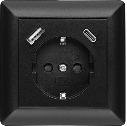 230 V Steckdose mit 1 x USB-A & 1 x USB-C, max. 3.400 mA, Schuko Wandsteckdose Unterputz, passend für Gira System 55 E2, Schwarz matt