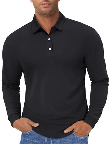 TACVASEN Herren Langarmshirts Atmungsaktiv Golf Freizeitshirts Poloshirts Outdoorshirts mit 3-Knopfleiste, Schwarz, XXL