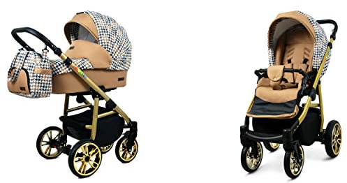 BabyLux Color Lux 2-in-1 Baby Kinderwagen Tief und Kinderwagen mit Zubehör Verstellbar und faltbar Aluminiumkonstruktion Wasserdichte Nicht abnehmbare Räder Gold And Black Houndstooth Gold Frame