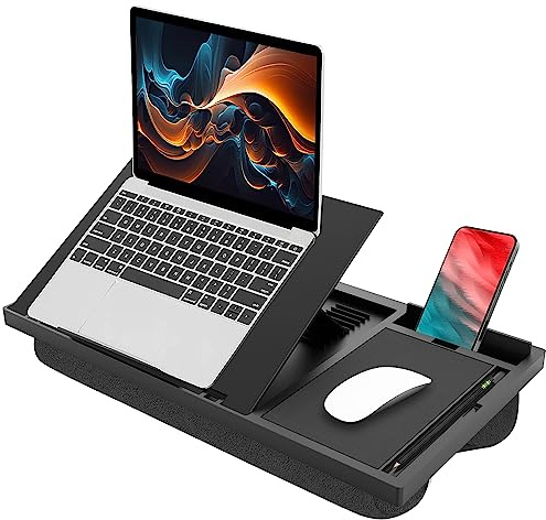 Laptop Lap Desk with Cushion - 9 Adjustable Angles, Fits Up to 15.6 inch Laptops, Built-in Mouse Pad, Phone and Pen Slots. Portable Writing Board for Bed, Sofa, and Work Table