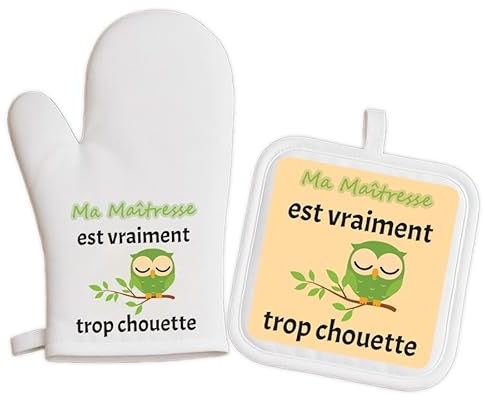 Jeux'Gratte Duo Manique et Gant de Cuisine Personnalisés – Trop Chouette – Cadeau Maîtresse, Nounou, Mamie, Tata, Parrain ou Marraine – Accessoire Cuisine – Message Identique – Expédition 24H