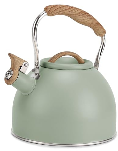 Tea Kettle, Vegoran 100 OZ / 3 Liter Whistling Tea Kettle, Tea Pots for Stove Top Food Grade Stainless Steel with Wood Pattern Folding Handle, Loud Whistle Kettle for Tea, Coffee, Milk (Green)