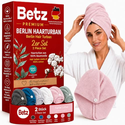 Betz Frottee Turban Berlin – 2er Set Haarturban aus 100% Baumwolle – Turban Handtuch mit Knopfverschluss – Kopfhandtuch für Damen, ideal für Bad & Wellness Farbe Lotus