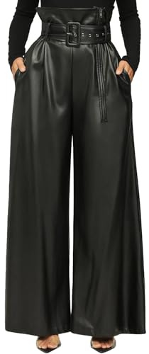 Tcremisa Women's Faux Leather Pants Casual High Waisted Zipper Belted PU Leather Straight Leg Pants Black