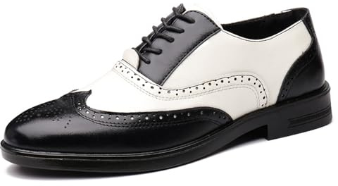 Men's Patchwork Two Tone Brogue Oxfords Shoes Fashion Hand Stitched Leather Dress Shoes Round-Toe Lace up Low Top Business Formal Derby Shoes (Black,12)