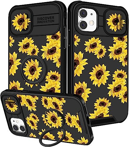 Pegmode (2in1 for iPhone 11 Case for Women Sunflower Floral Girly Girls Phone Cases Cute Flower Unique Design with Slide Camera Cover+Ring Holder Unique Fashion for Apple iPhone 11 Cover 6.1 inch