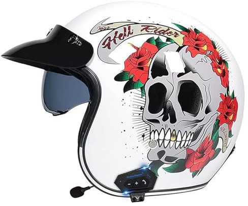QJWMatic Bluetooth-Motorrad-3/4-Helm Mit Einziehbarer Sonnenblende ECE-Zertifizierung Jet-Helm Für Erwachsene, Männer Und Frauen – Motorrad-Halbhelme Im Vintage-Stil C,M57-58CM