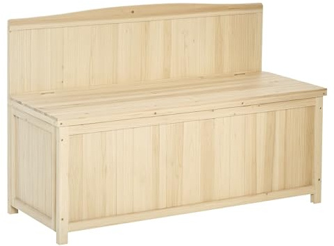 Outsunny Banco de Jardín de Madera Banco de Exterior 115x45x75 cm Natural | Caja de Almacenaje, Respaldo, Carga 250 kg, para Patio Terraza Balcón