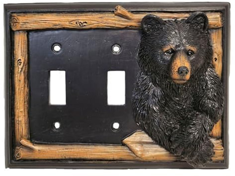 BestGiftEver Placa decorativa de doble palanca para interruptor de luz con detalles de oso negro y ramas de árbol, placa de cubierta eléctrica rústica para cabaña estilo casa de campo, ideal para