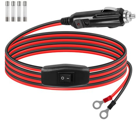 GELRHONR 12V Cigarette Lighter Plug to O Ring Terminal Harness Extension Cable, Cigarette Lighter to Eyelet Terminals Leads with ON/Off Switch,15A Fuse, for Car Inverter, Air Pump (1M/3.2Ft)