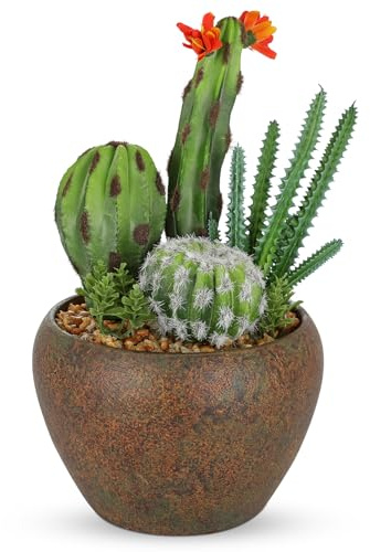 Oairse Artificial Cactus Plant in Pot, Faux Succulent Arrangement with Rustic Planter, Small Fake Desert Plants for Home Decor, Office Desk, Shelf, Living Room, Bathroom Decoration, 26.5cm