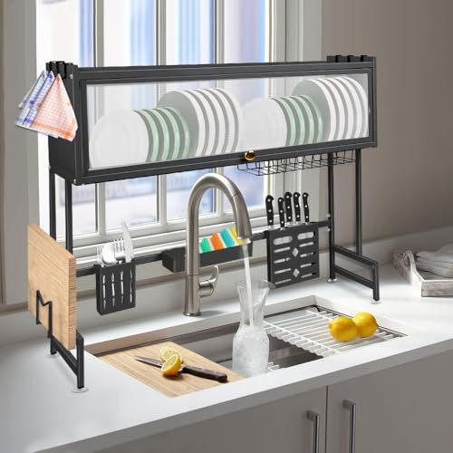 HUOLE Escurreplatos sobre Fregadero, Escurridor de Platos, Organizador Cocina, Estante de Secado de Platos de Acero Inoxidable de 3 Niveles, con Soporte para Utensilios, 65 * 30 * 78cm-Negro