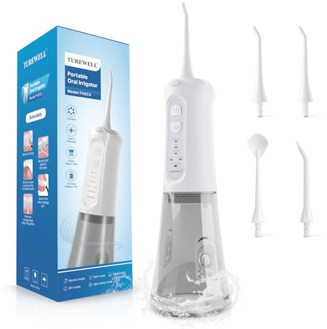 TUREWELL Jet Dentaire Hydropulseur Portable 310 ML avec 5 Modes, 4 Buses, Rechargeable Hydropulseur Dentaire Étanche IPX7 Pour La Maison et Les Voyages, Améliore la Santé Dentaire